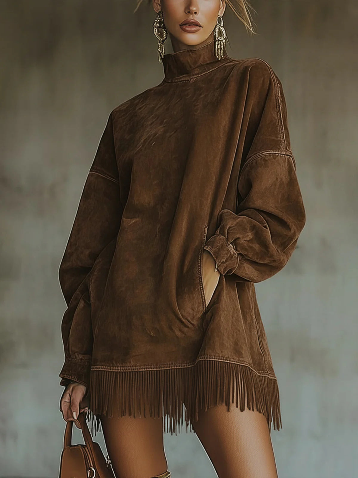 Gabrielle | Robe en daim avec col montant et détails à franges