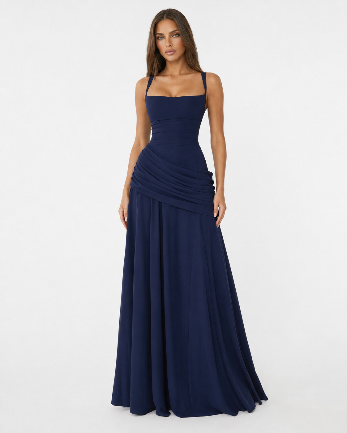 ENIE | Maxikleid mit gerafftem, eckigem Dekolleté