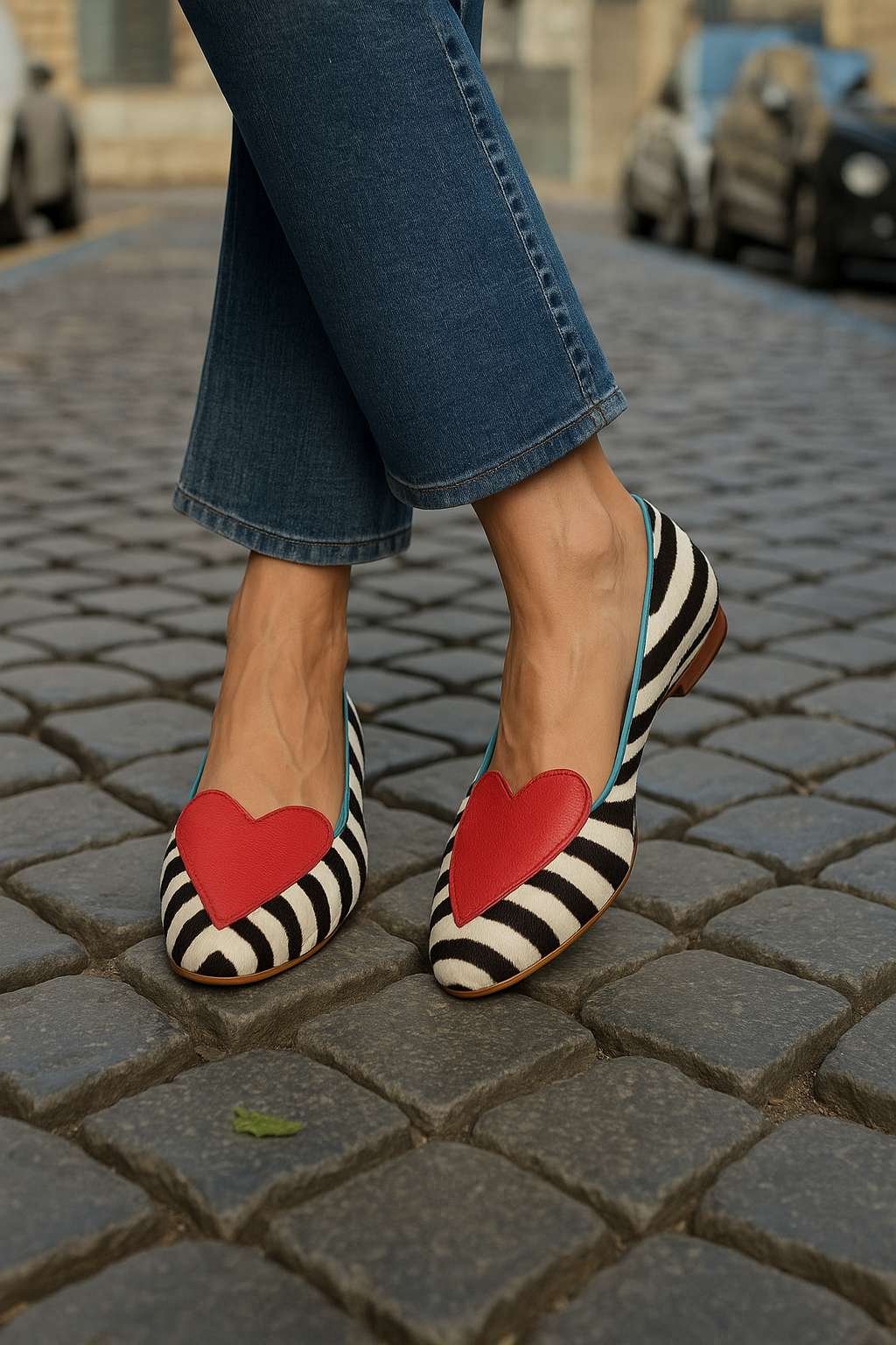 Rote Ballerinas mit spitzem Schuh und Herz im Zebramuster