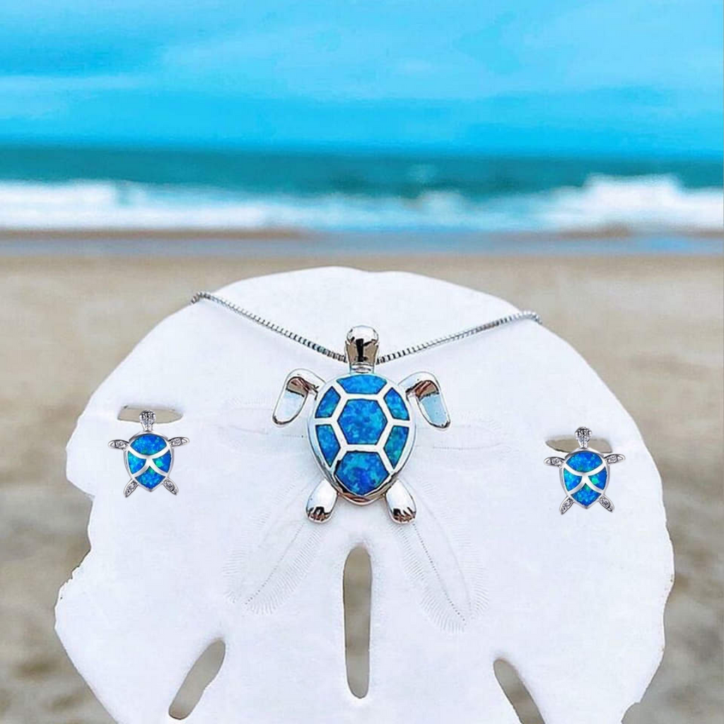 Collier en opale et argent avec pendentif tortue de mer et ensemble de boucles d'oreilles assorties