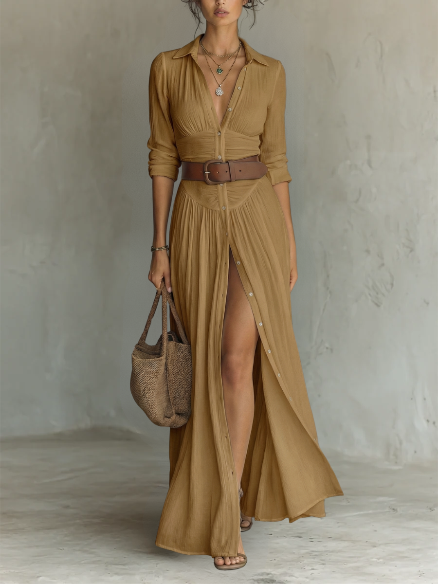 Leinen-Maxikleid für Damen mit Reverskragen und langen Ärmeln.