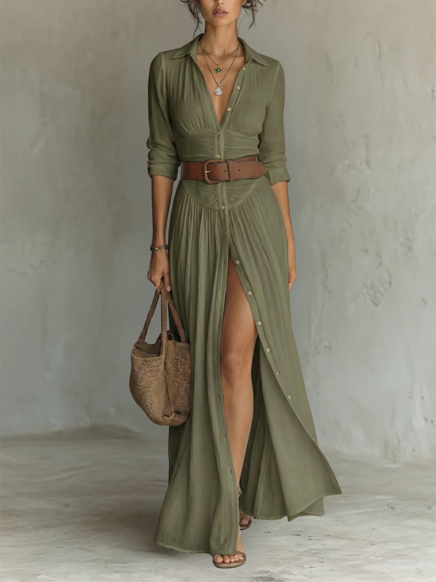 Leinen-Maxikleid für Damen mit Reverskragen und langen Ärmeln.