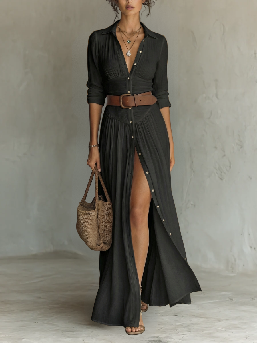 Leinen-Maxikleid für Damen mit Reverskragen und langen Ärmeln.