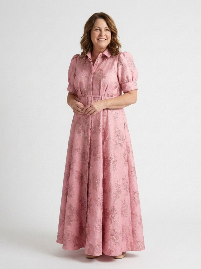 Xanthea | Maxi Chemise Robe à Manches Courtes avec Ceinture Florale Texturée