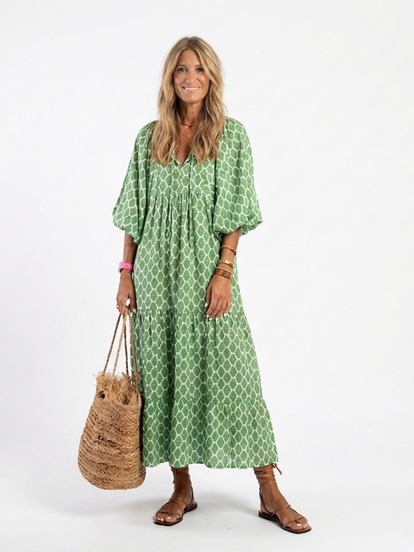 Apolline | Robe midi à motifs avec décolleté en V et manches trois-quarts