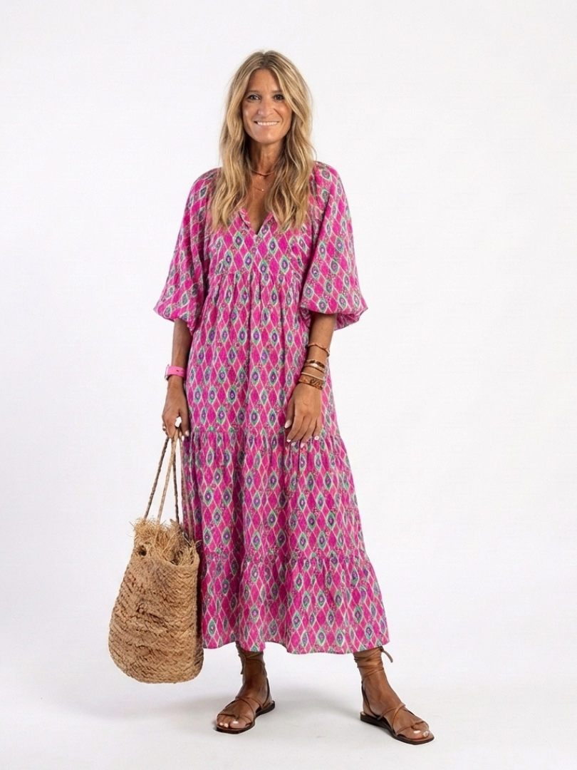 Apolline | Robe midi à motifs avec décolleté en V et manches trois-quarts