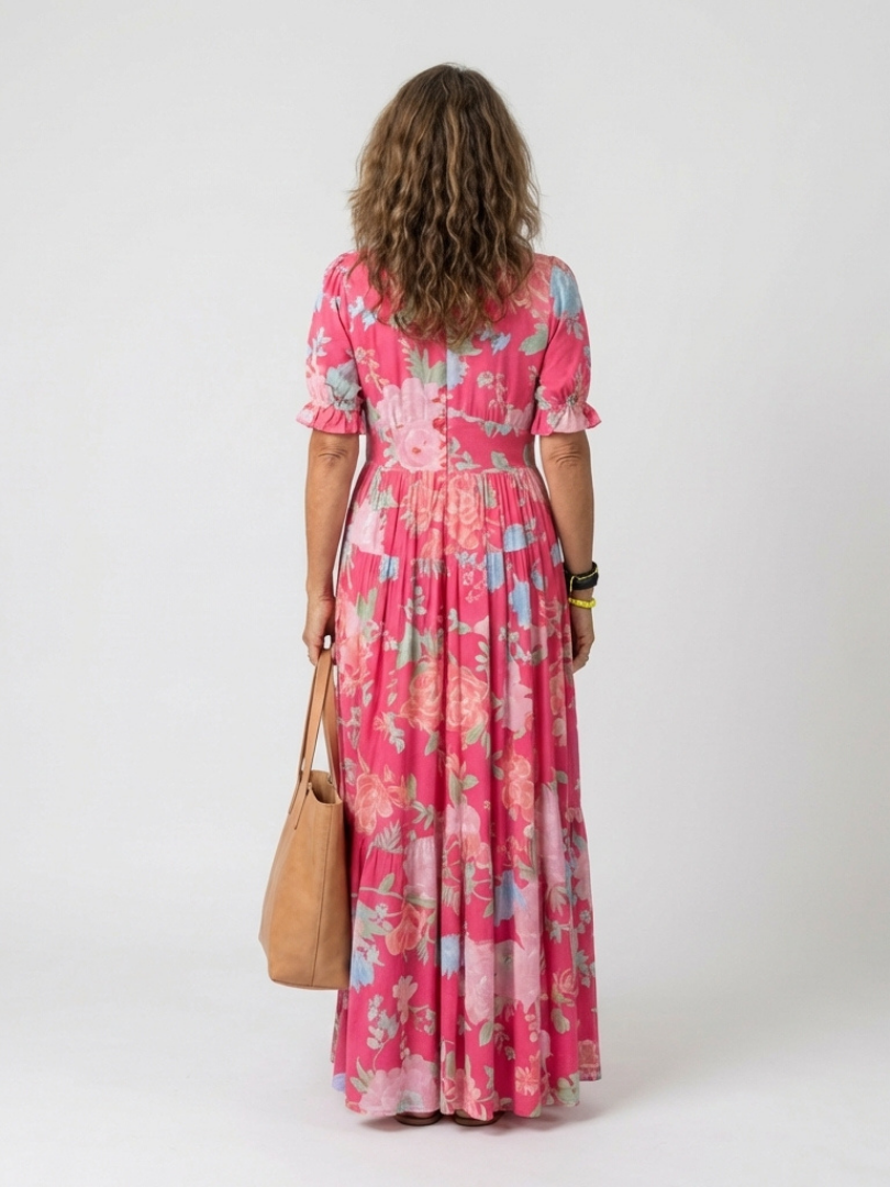 Ioni | Robe Midi Fleurie à Manches Courtes con Décolleté en V