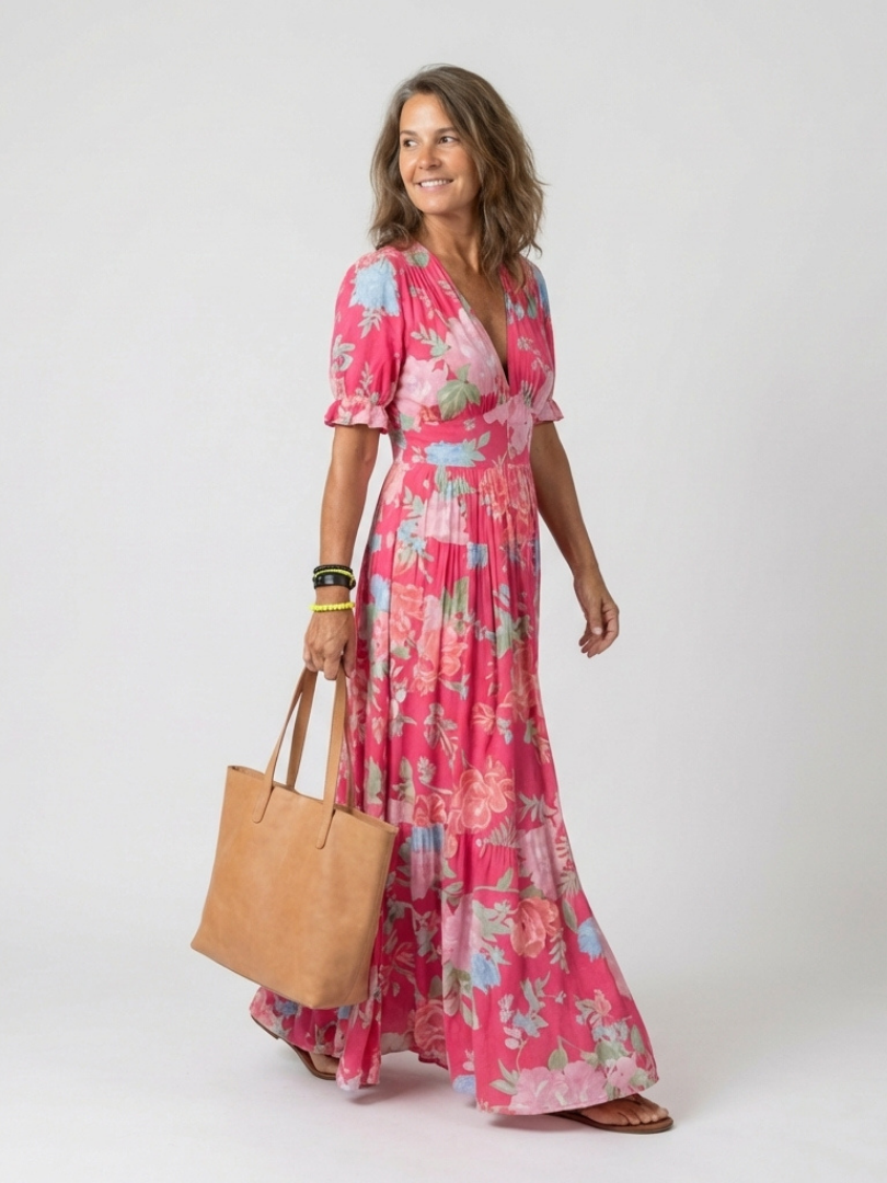 Ione | Robe Midi Fleurie à Manches Courtes avec Décolleté en V