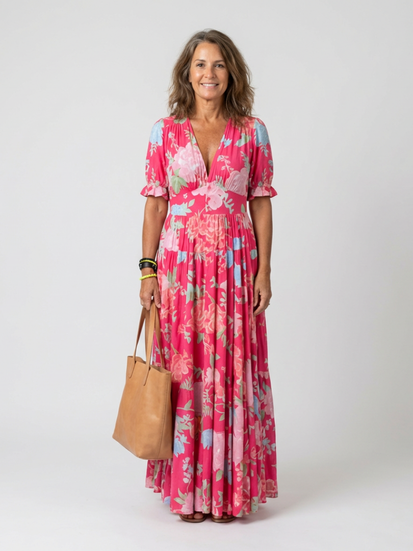 Ioni | Robe Midi Fleurie à Manches Courtes con Décolleté en V
