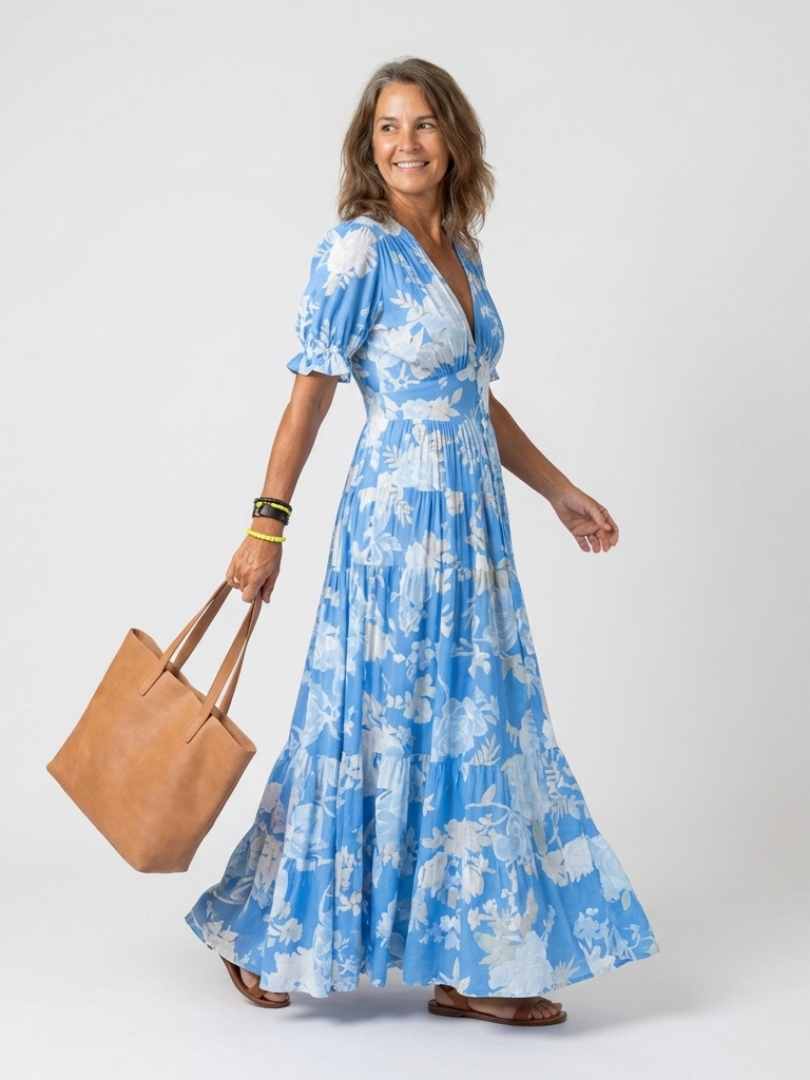 Ione | Robe Midi Fleurie à Manches Courtes avec Décolleté en V