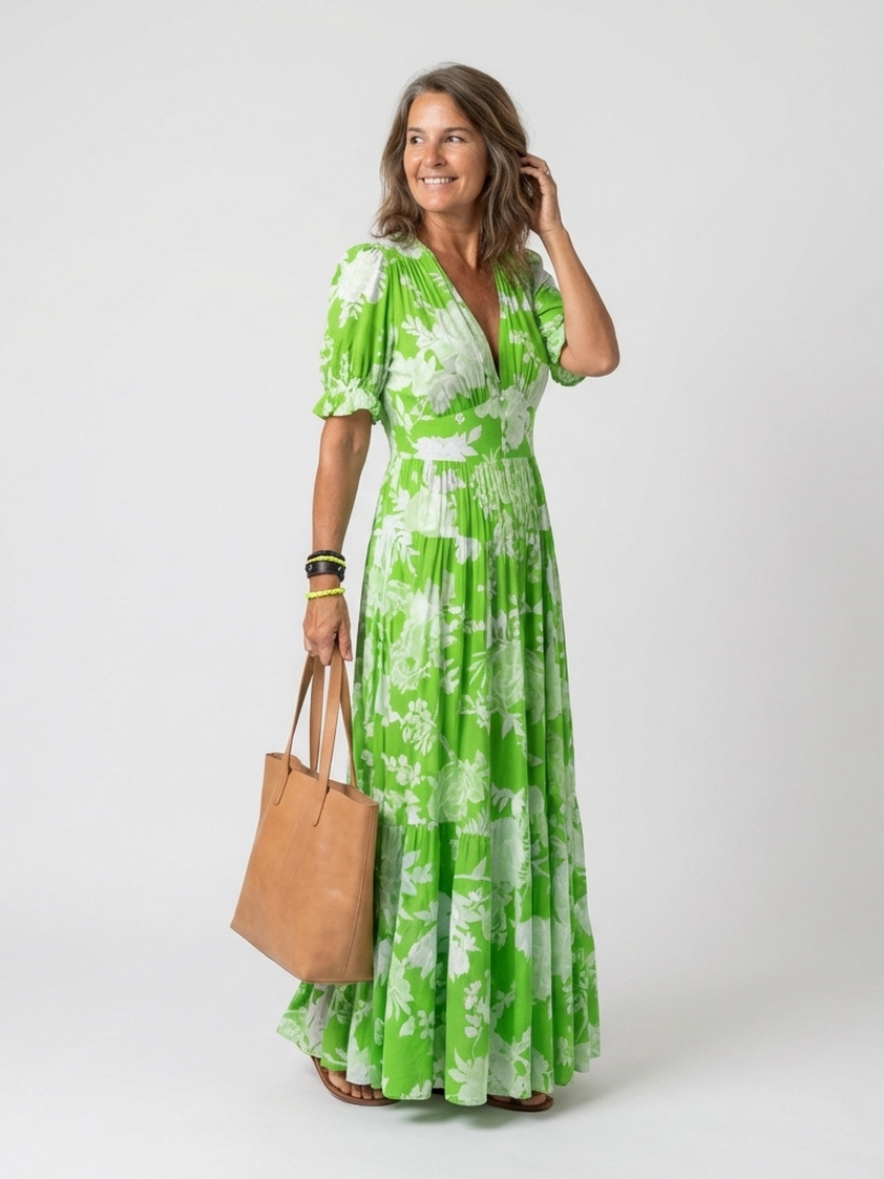 Ione | Robe Midi Fleurie à Manches Courtes avec Décolleté en V
