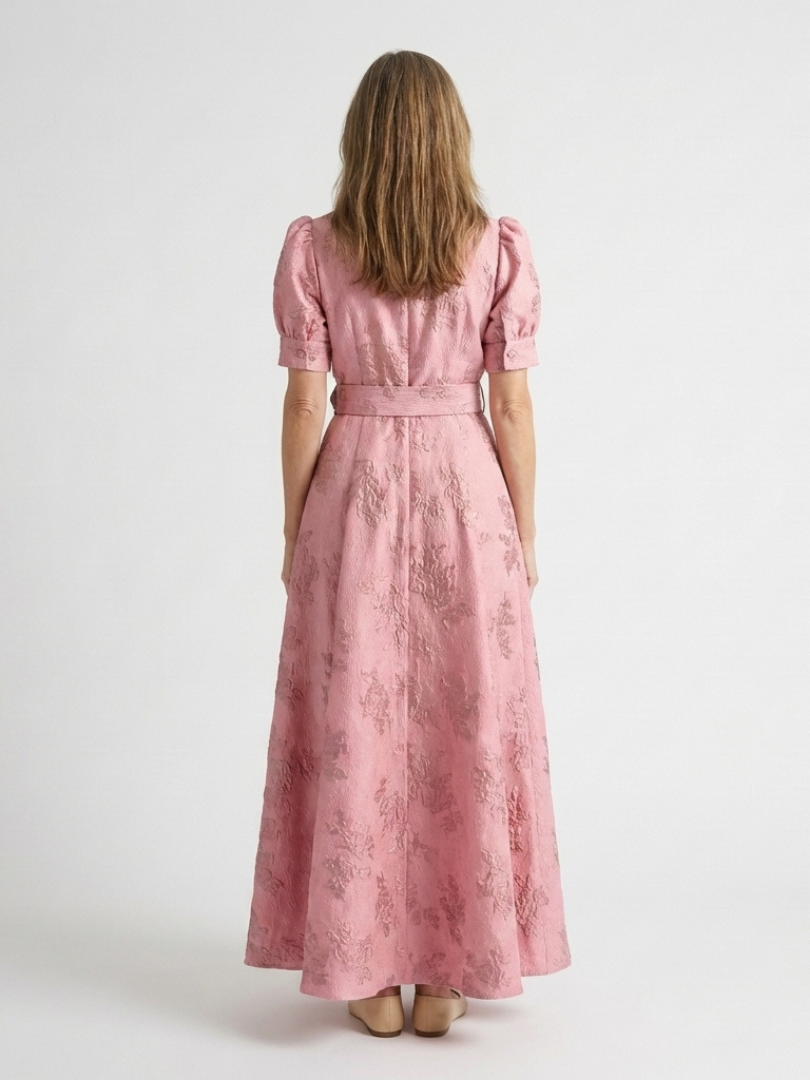Xanthea | Maxi Chemise Robe à Manches Courtes avec Ceinture Florale Texturée