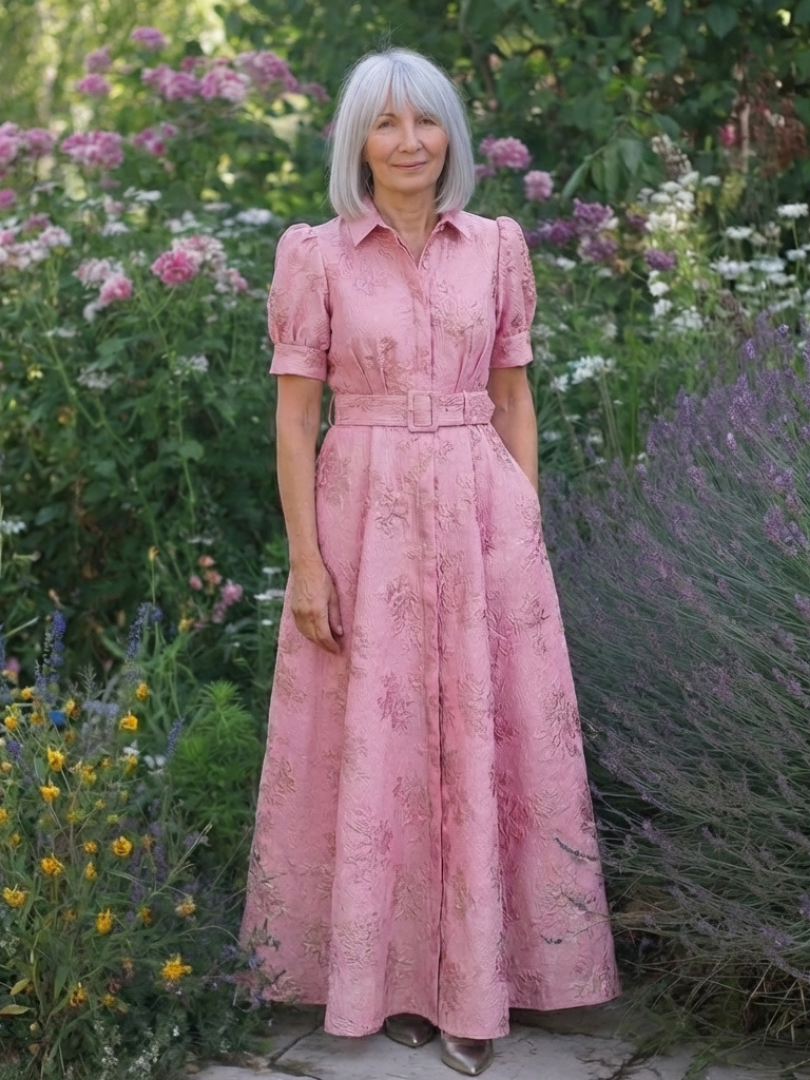 Xanthea | Robe chemise maxi à manches courtes avec ceinture florale texturée