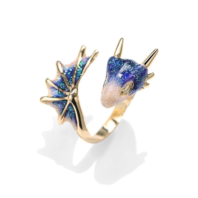 Bague en argent ajustable avec émail peint à la main en forme de dragon