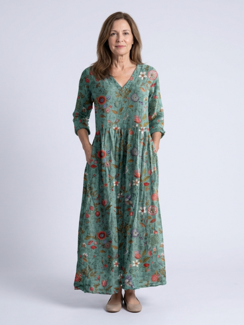 Marina | Robe Maxi Florale à Manches Trois Quarts et Décolleté en V