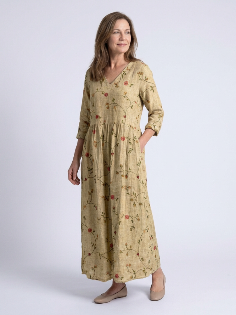 Marina | Robe Maxi Florale à Manches Trois Quarts et Décolleté en V