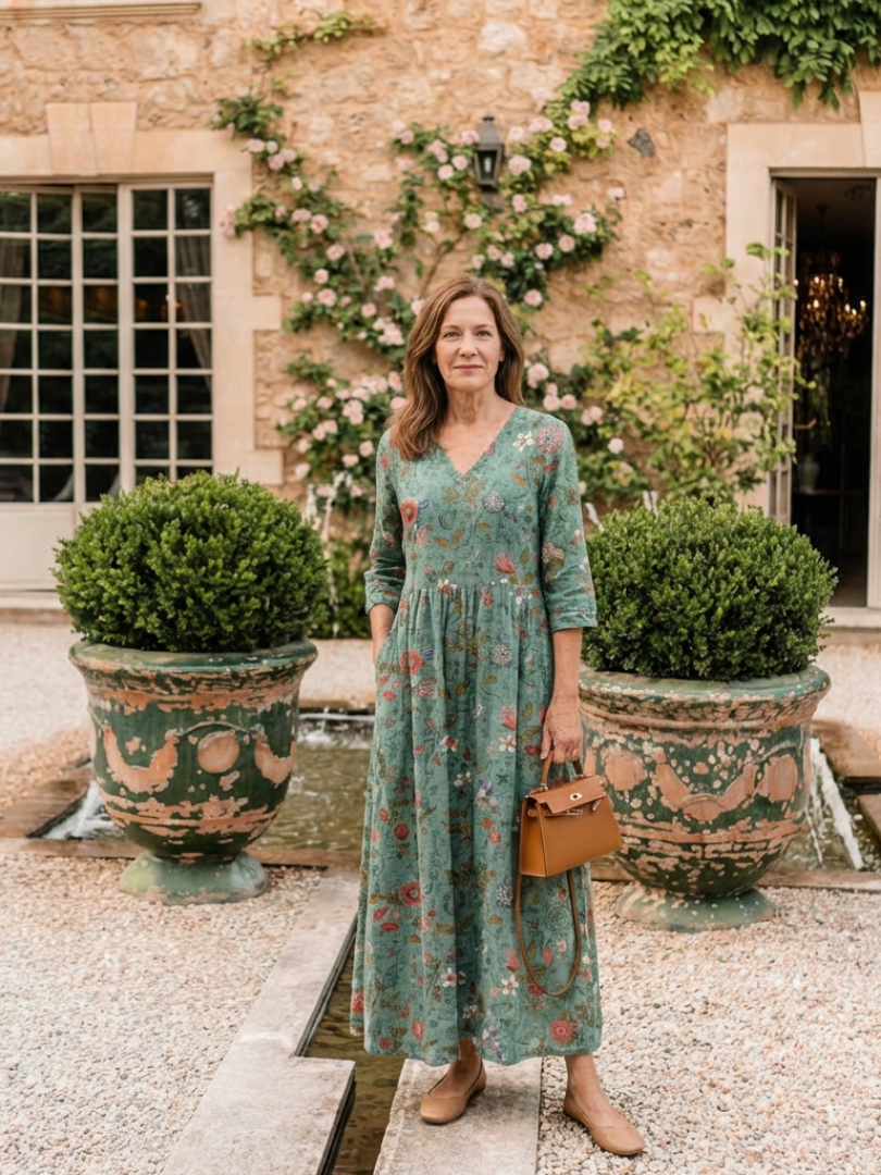 Marina | Robe Maxi Florale à Manches Trois Quarts et Décolleté en V