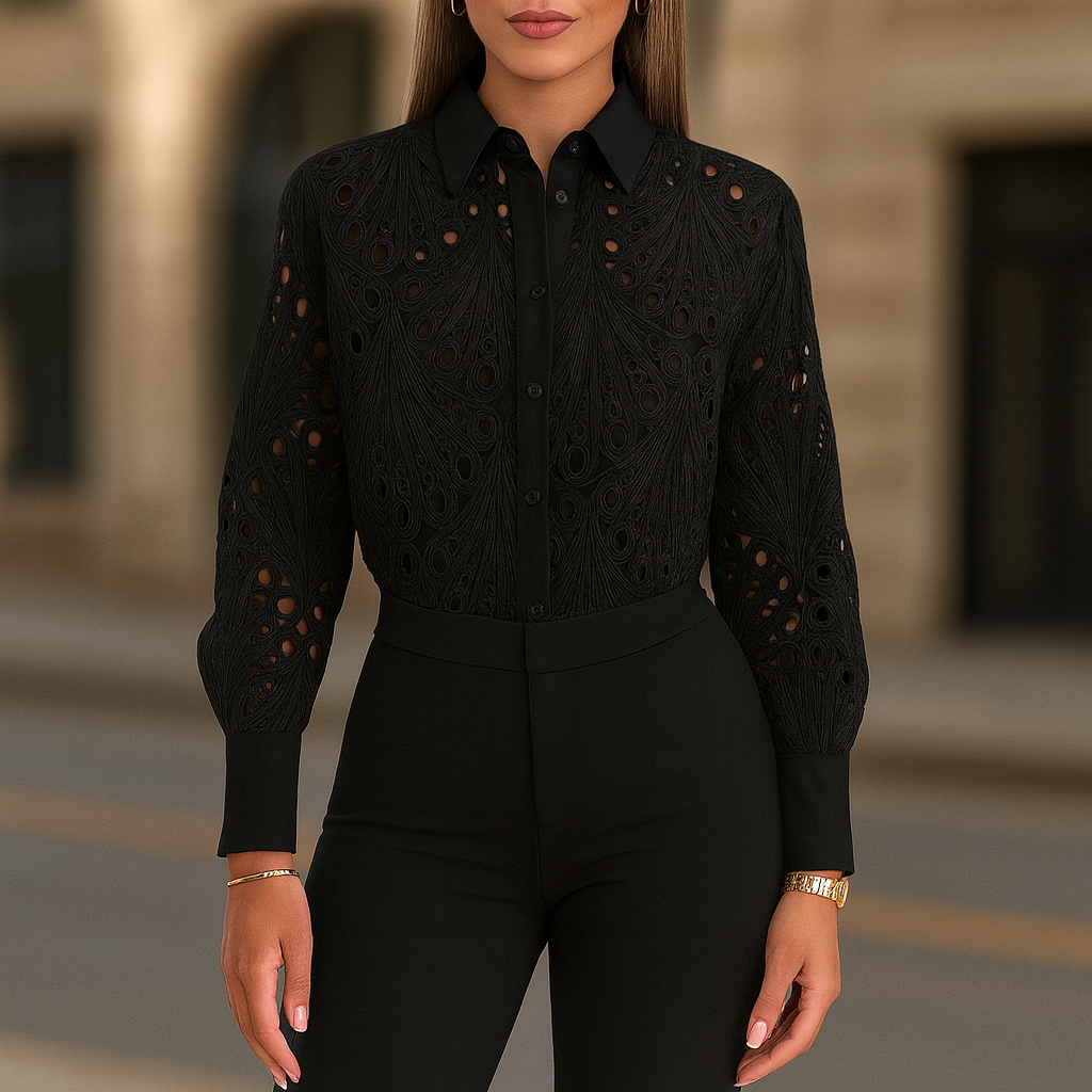 Elegante Damenbluse mit Häkelspitze und Knopfdetails in Jasmin