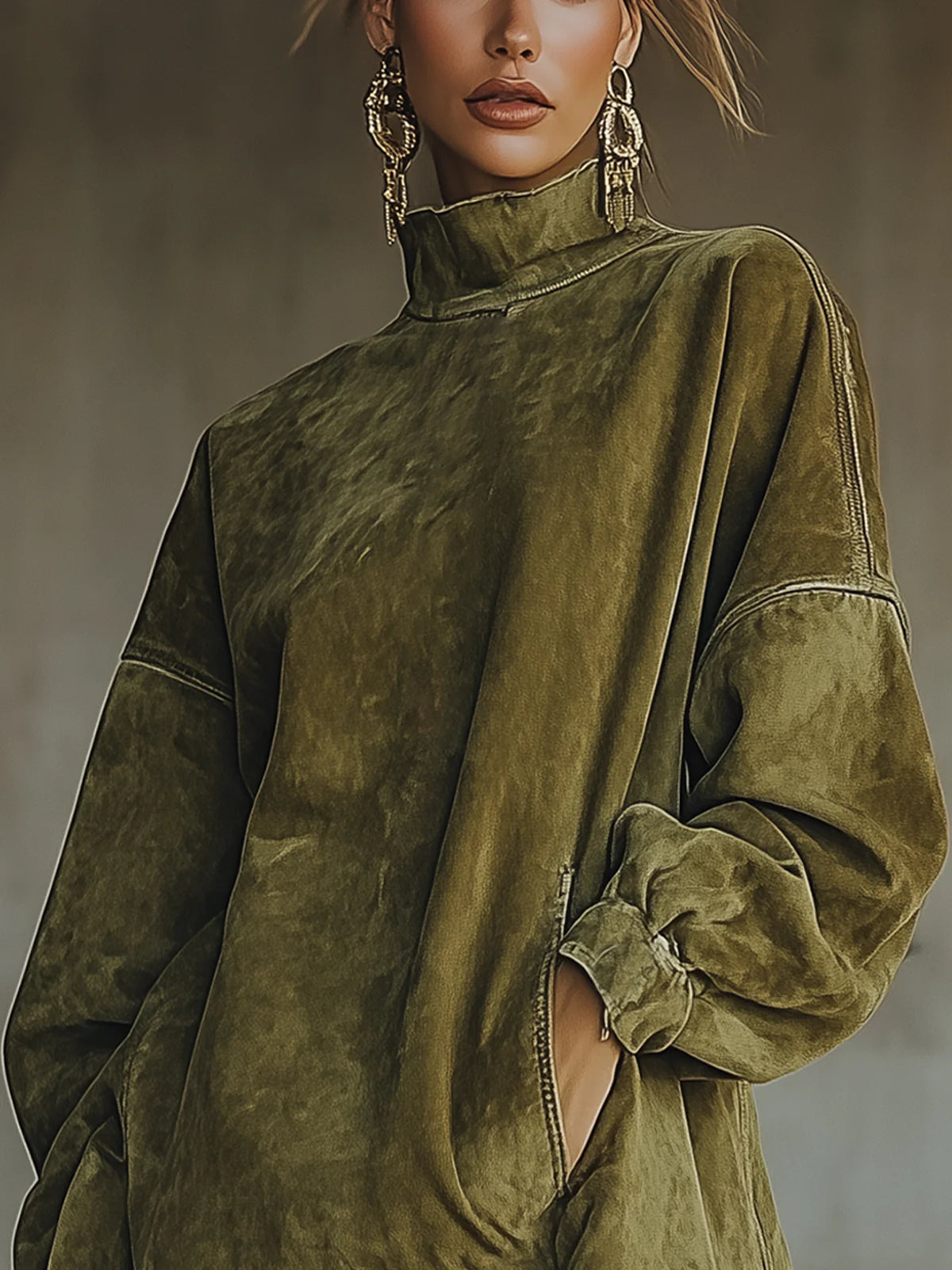 Gabrielle | Robe en daim avec col montant et détails à franges