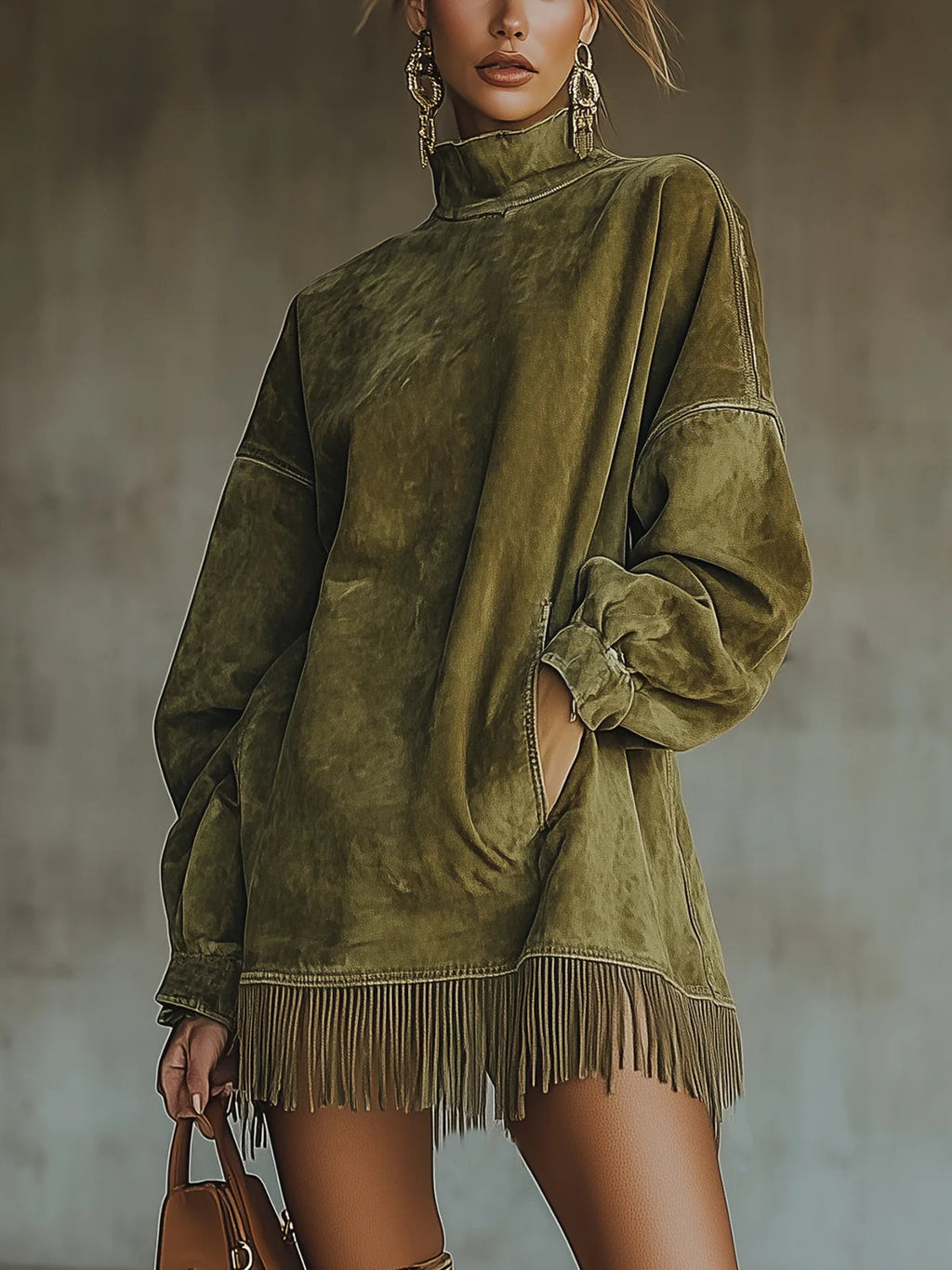 Gabrielle | Robe en daim avec col montant et détails à franges