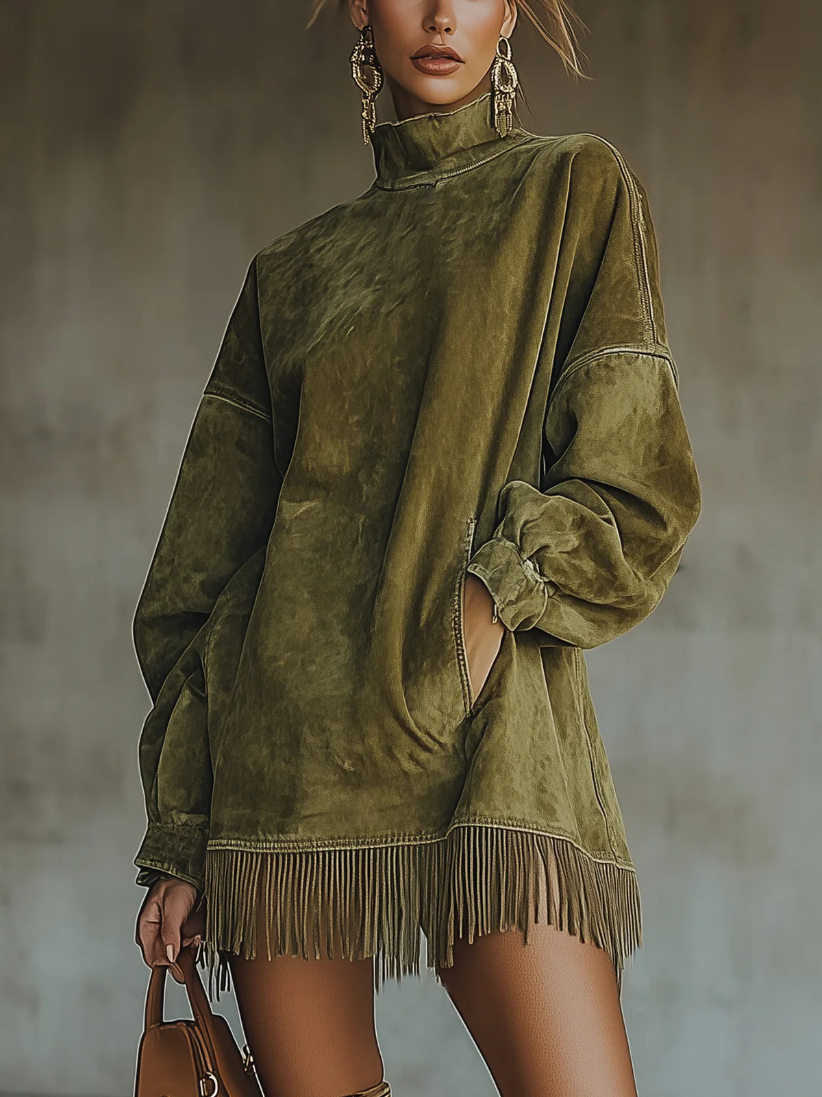 Gabrielle | Robe en daim avec col montant et détails à franges