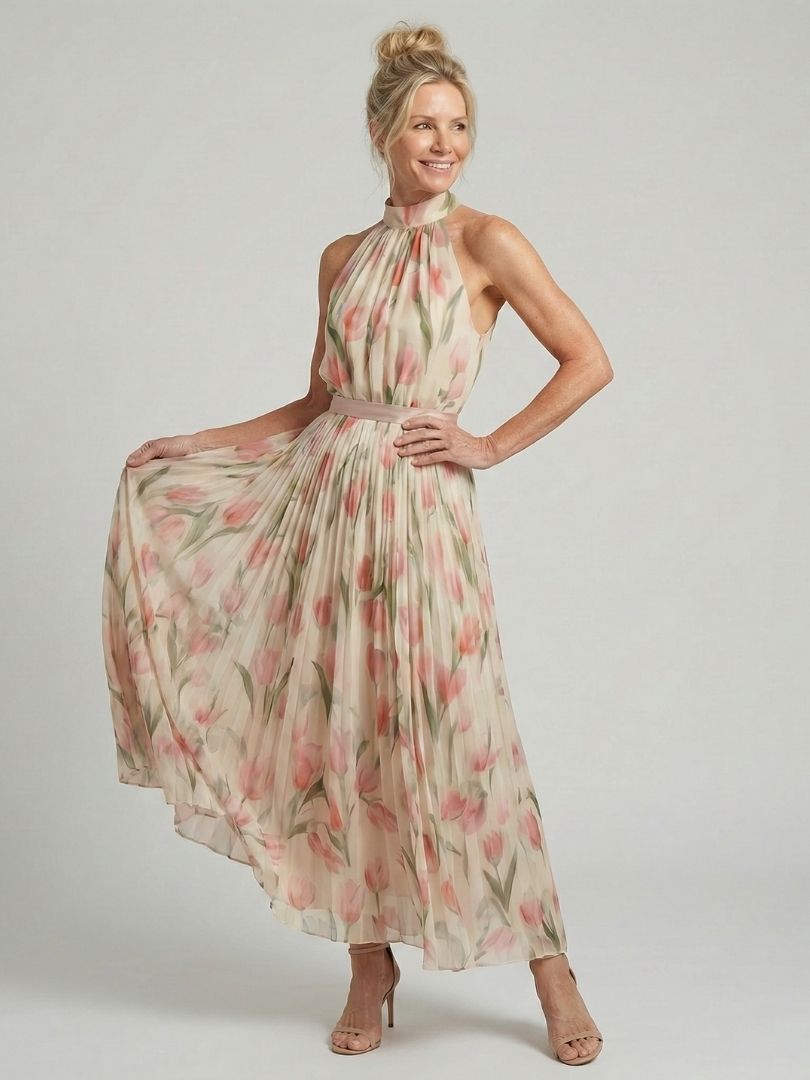Aurelle | Robe Midi à Fleurs avec Col Halter