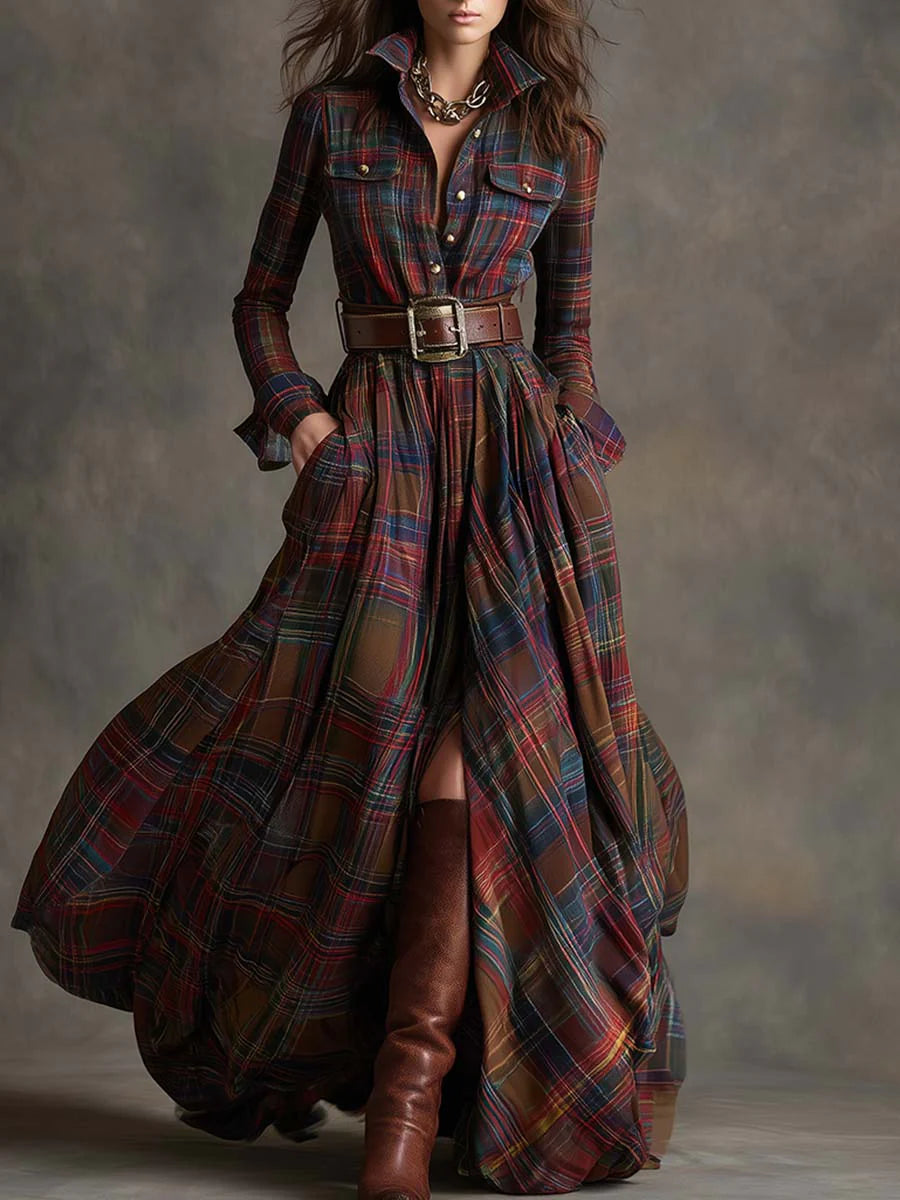 Béatrice | Robe à carreaux à manches longues avec ceinture à la taille