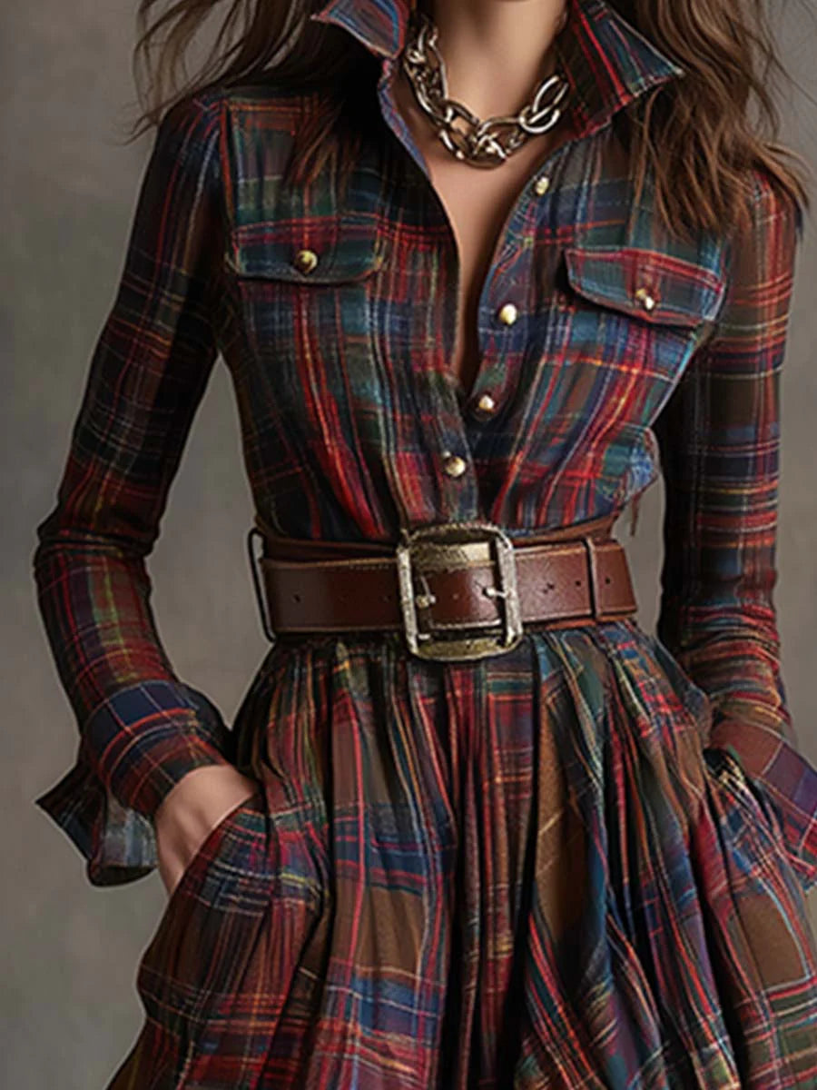 Béatrice | Robe à carreaux à manches longues avec ceinture à la taille