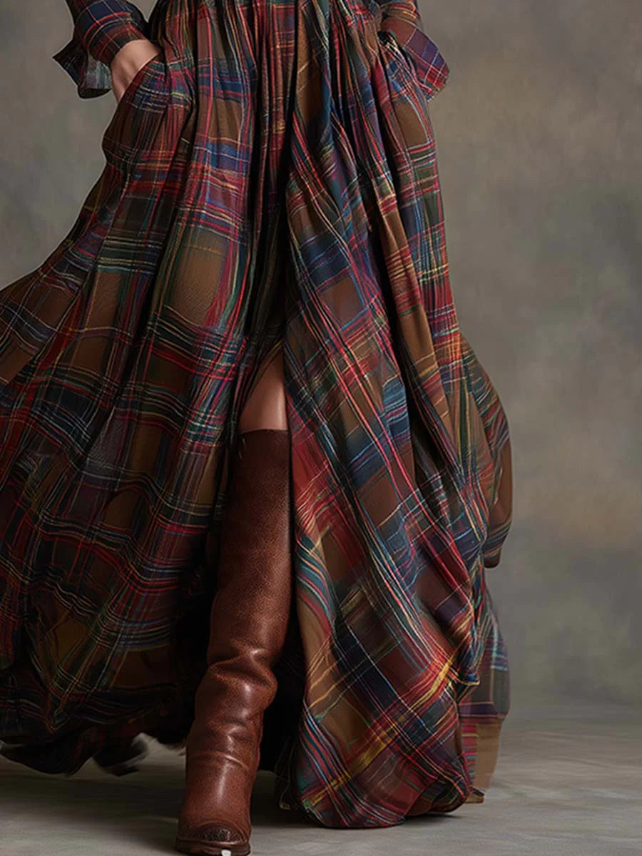 Béatrice | Robe à carreaux à manches longues avec ceinture à la taille