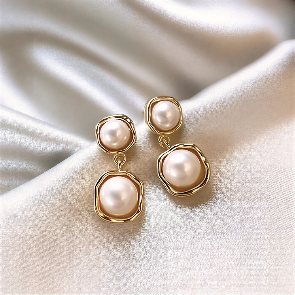Boucles d'oreilles pendantes perles avec cadre doré
