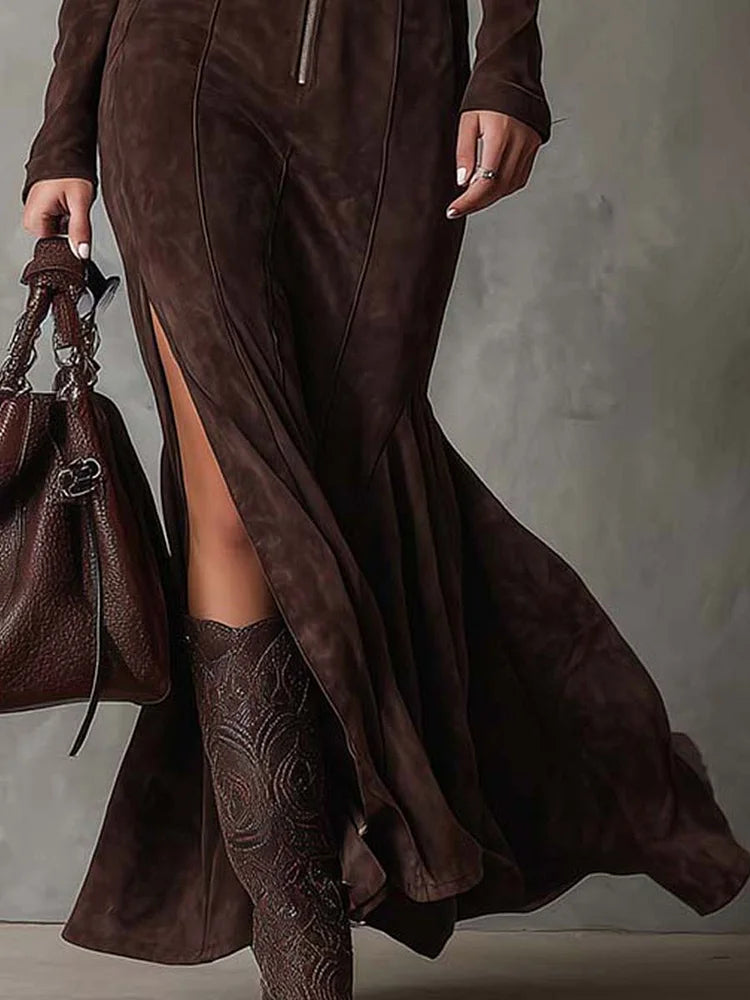 Marceline | Longue robe marron avec ceinture à la taille