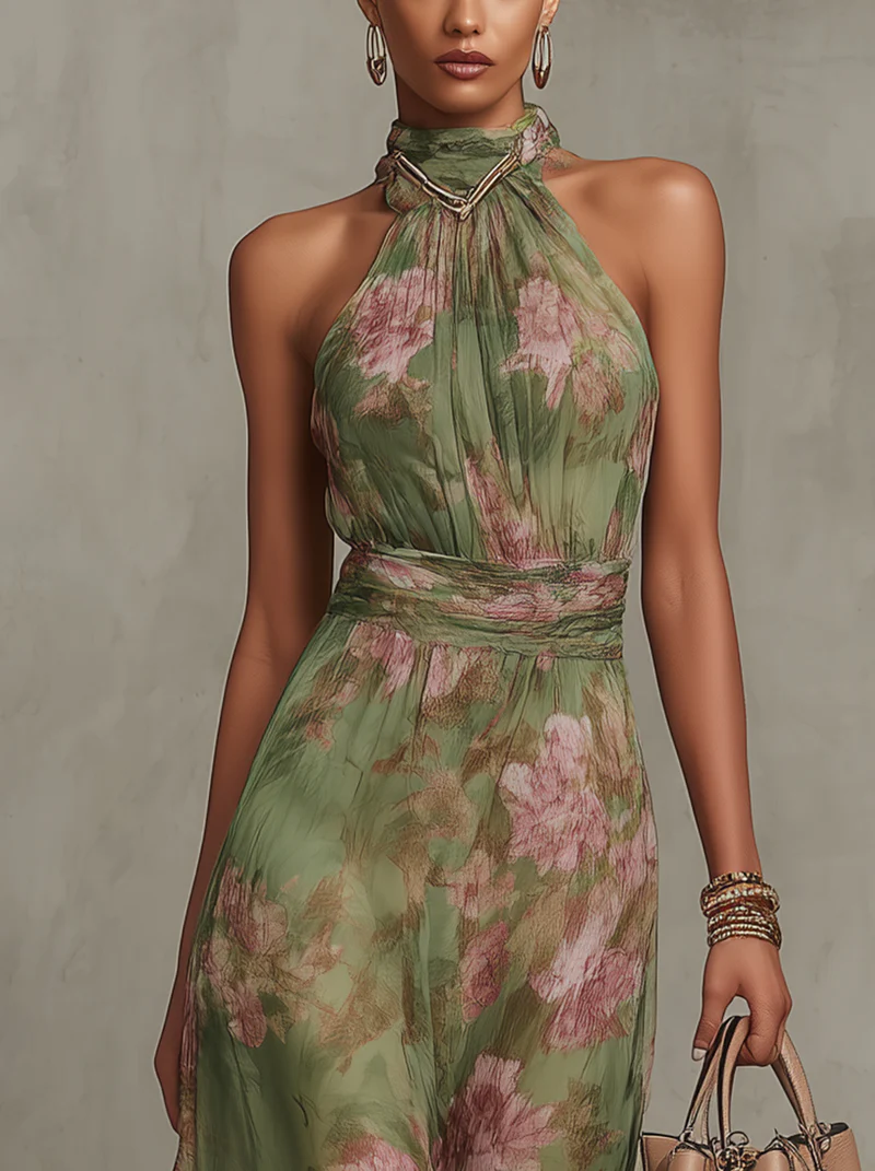 Serena ∙ Grünes Floral Chiffon Maxikleid mit Neckholder