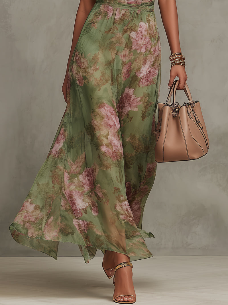 Serena ∙ Grünes Floral Chiffon Maxikleid mit Neckholder