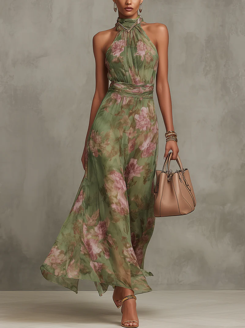 Serena ∙ Robe longue dos nu en mousseline fleurie verte