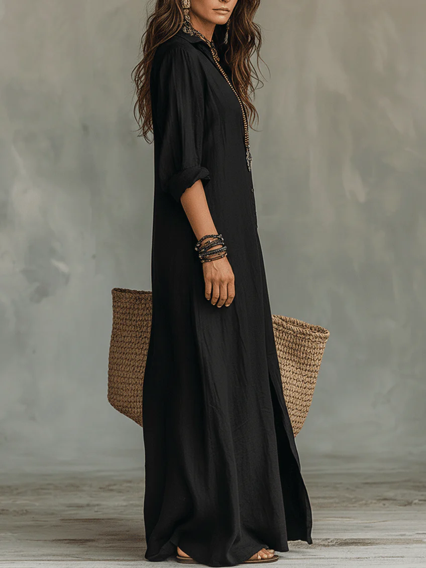Soline™ | Weites schwarzes Maxi-Kleid mit Knöpfen