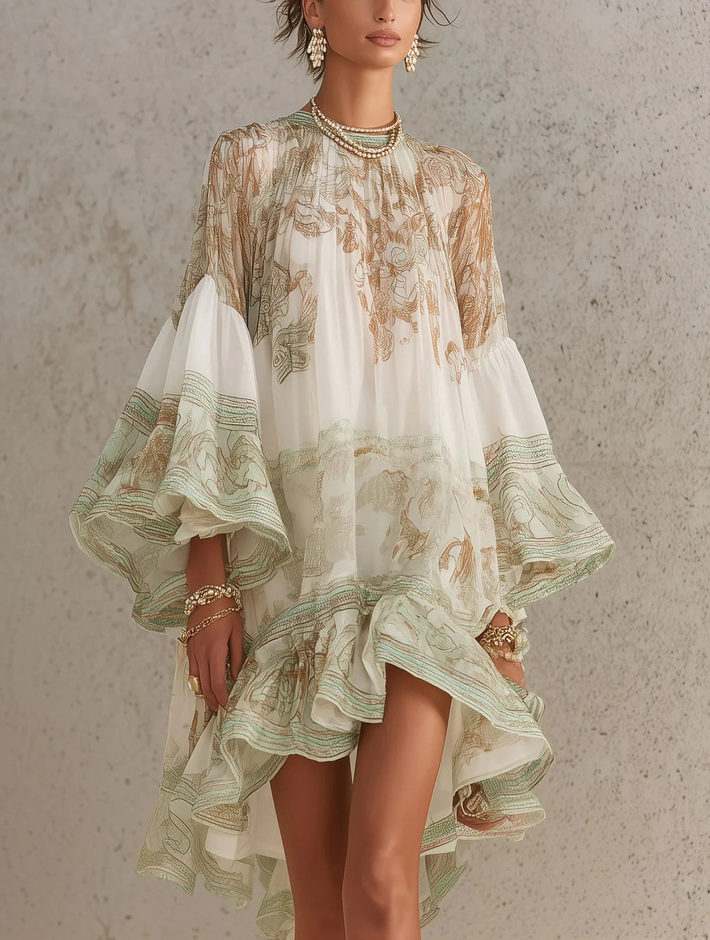Rosalie | Grünes Chiffon-Mini-Kleid mit Volantärmeln und gestreiftem Saum