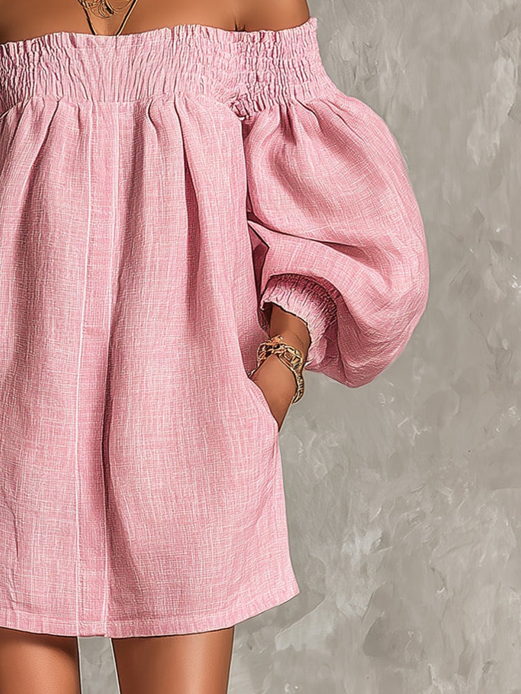 Violett | Rosa Mini-Trapezkleid mit schulterfreiem Design und Lanternenärmeln