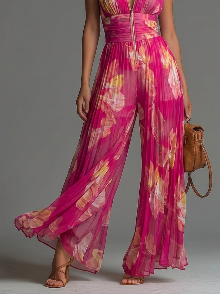 Tuta Serafina | Chiffon plissettato floreale fucsia
