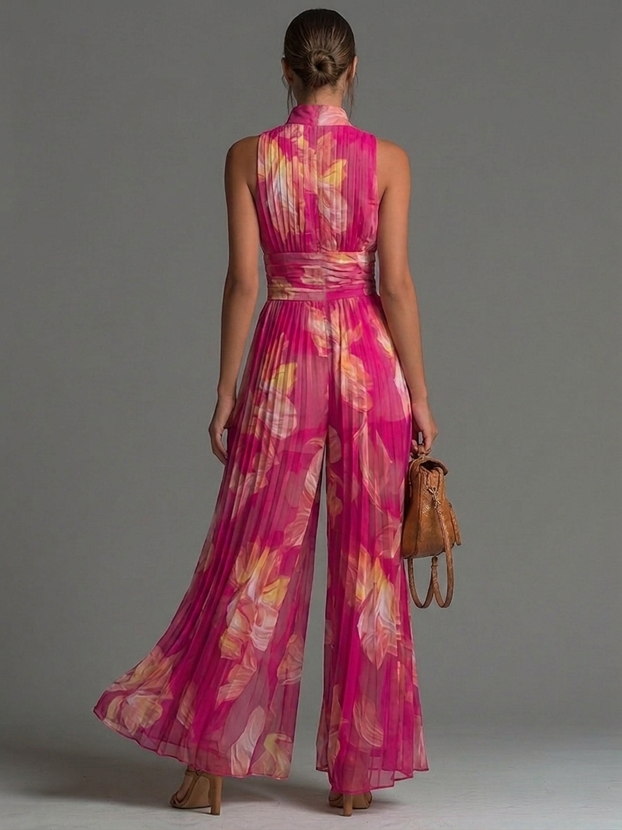 Tuta Serafina | Chiffon plissettato floreale fucsia