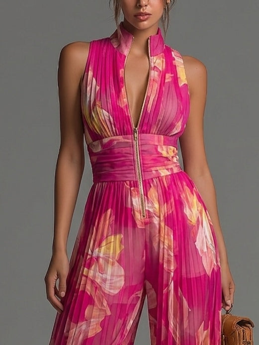Tuta Serafina | Chiffon plissettato floreale fucsia