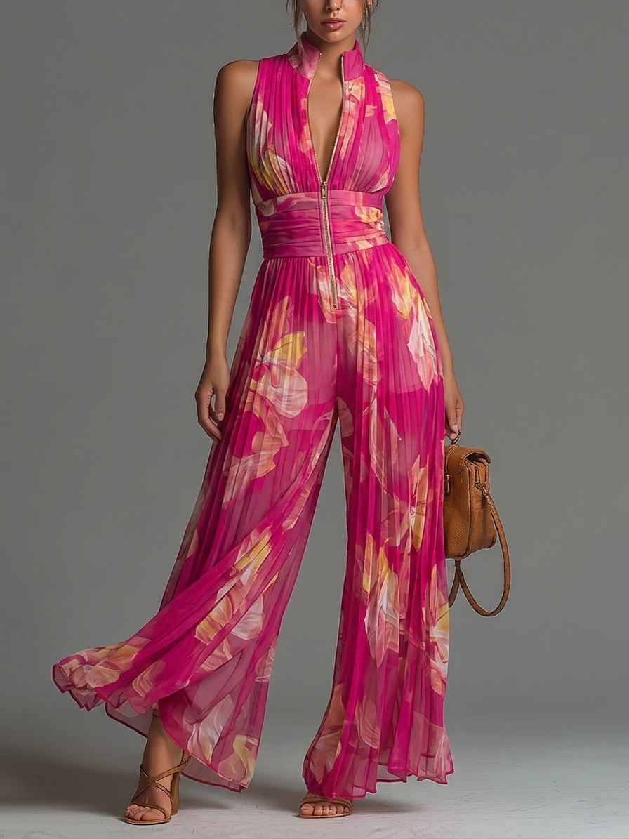 Tuta Serafina | Chiffon plissettato floreale fucsia