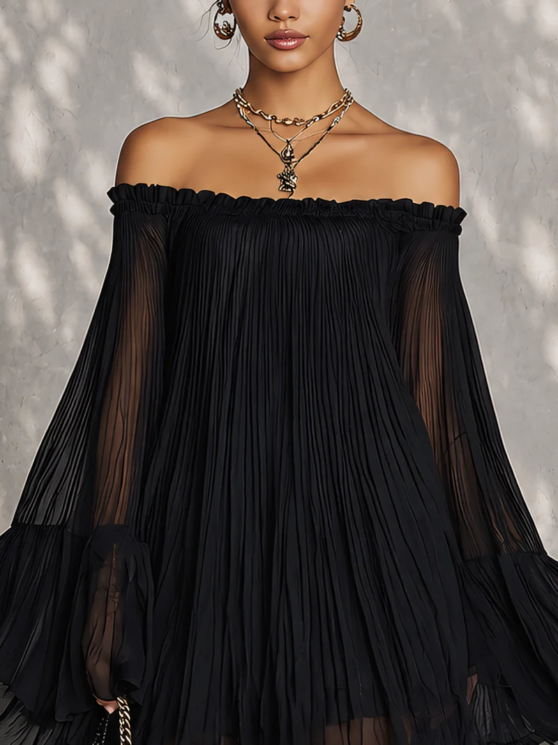 Océane | Mini Schwarz Kleid mit Glockenärmeln und Off-Shoulder-Raffung