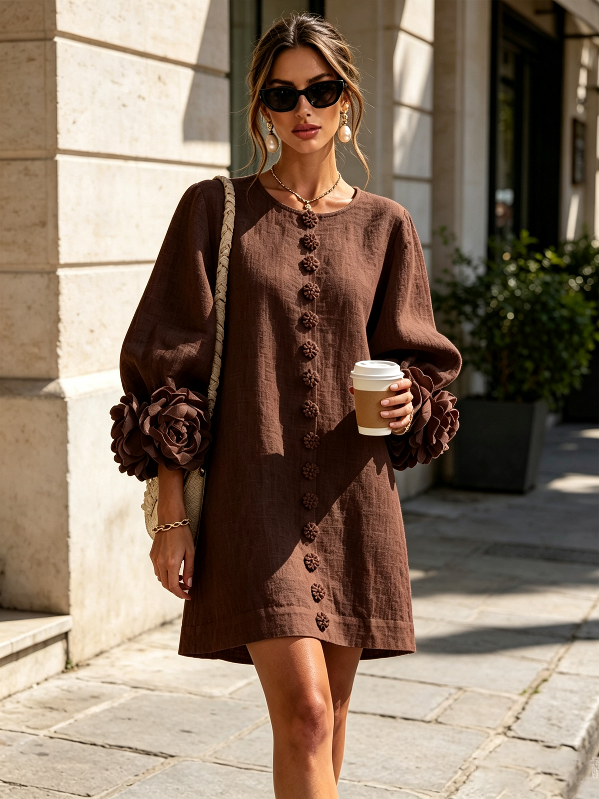 Brune | Robe courte en lin avec manches bouffantes