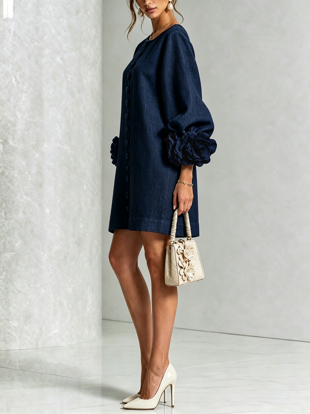 Brune | Robe courte en lin avec manches bouffantes