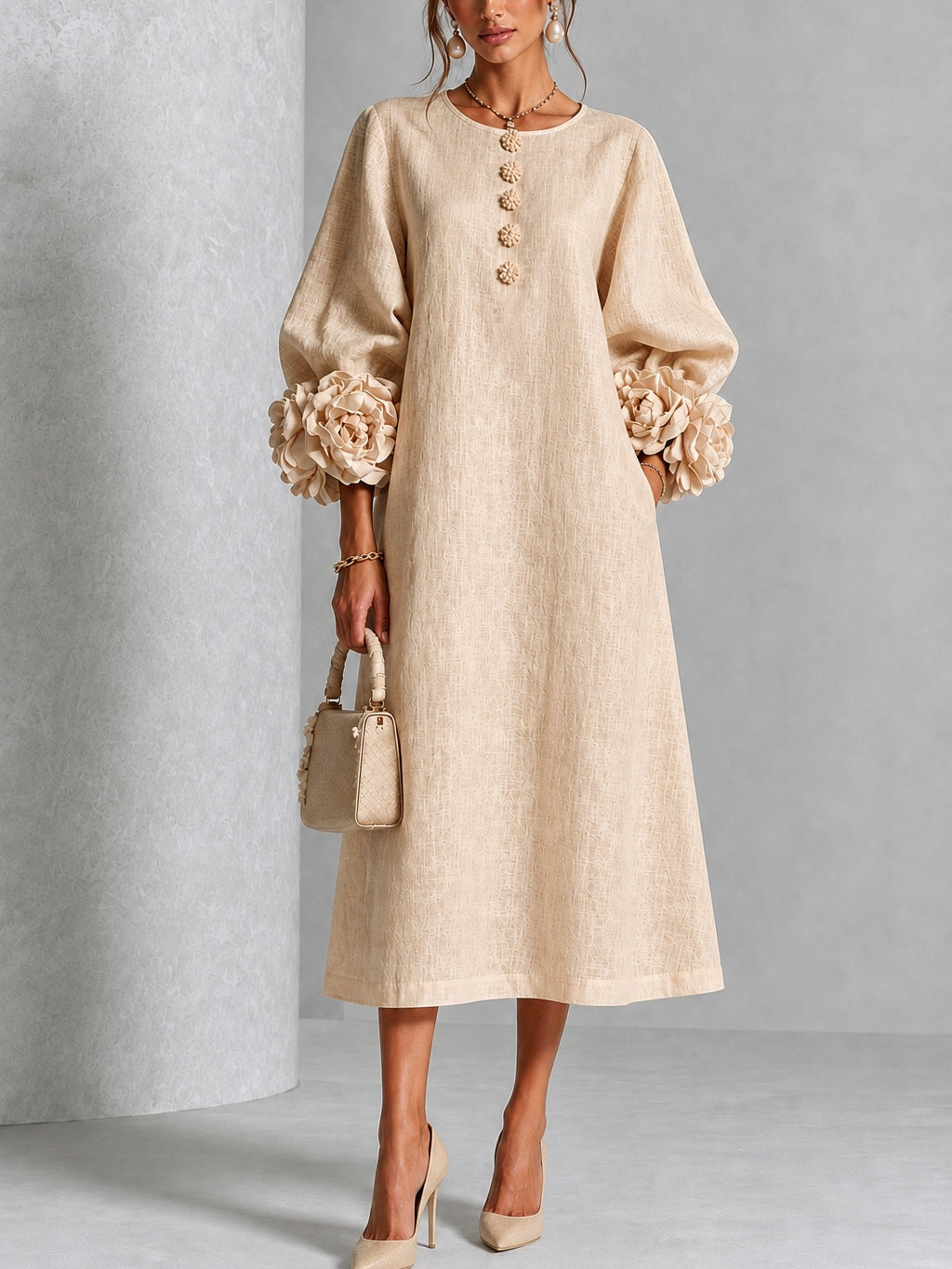 Capucine | Robe midi à manches bouffantes et boutons floraux