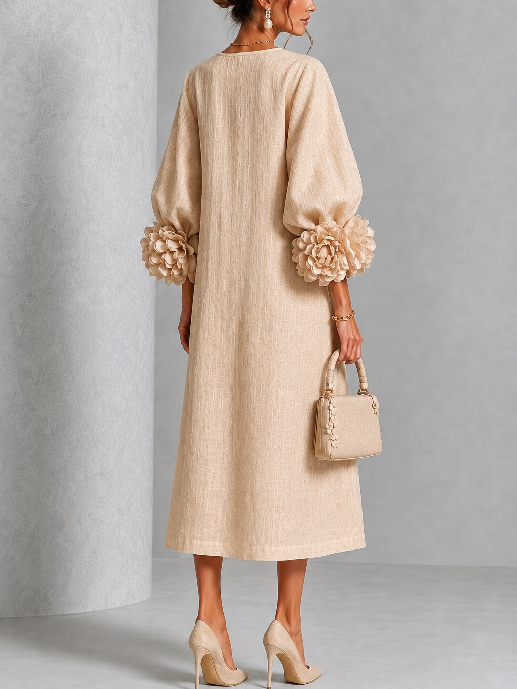 Capucine | Robe midi à manches bouffantes et boutons floraux