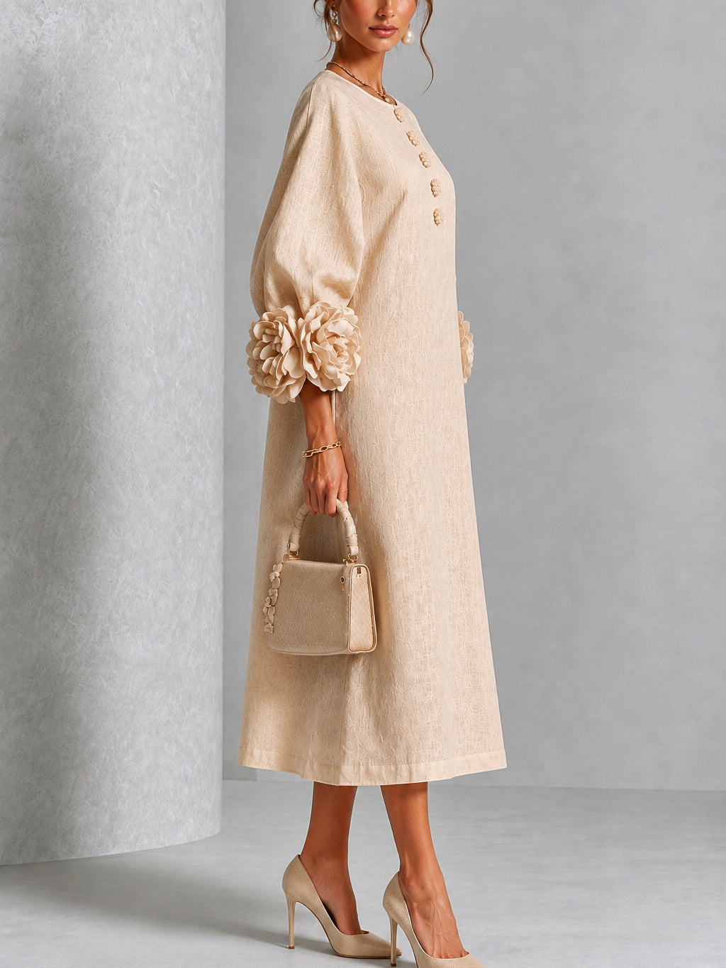Capucine | Robe midi à manches bouffantes et boutons floraux