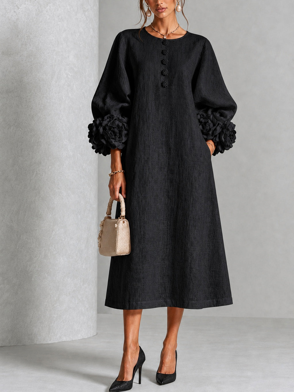 Capucine | Robe midi à manches bouffantes et boutons floraux
