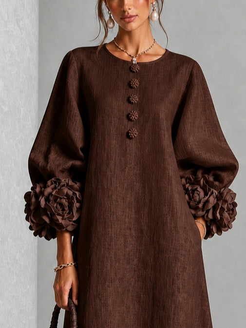 Capucine | Robe midi à manches bouffantes et boutons floraux