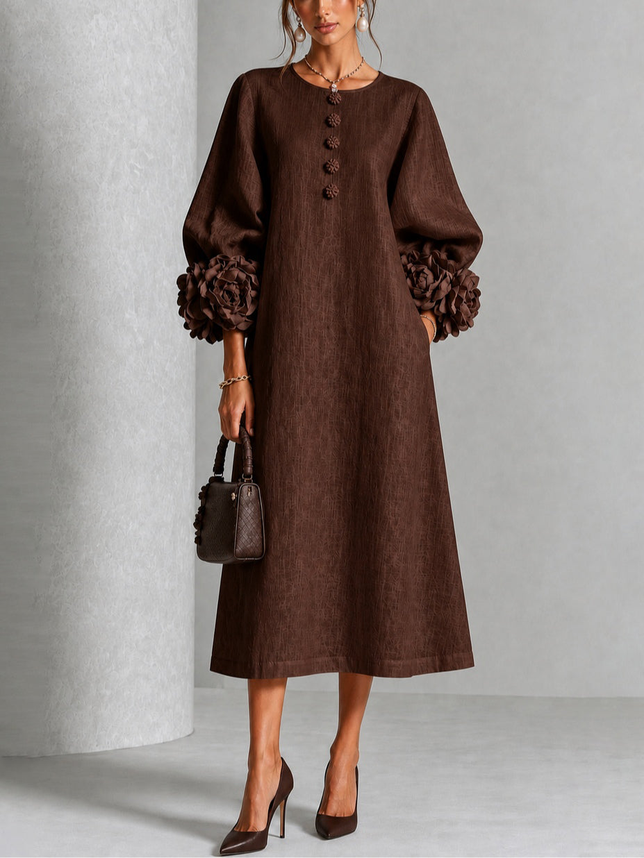 Capucine | Robe midi à manches bouffantes et boutons floraux